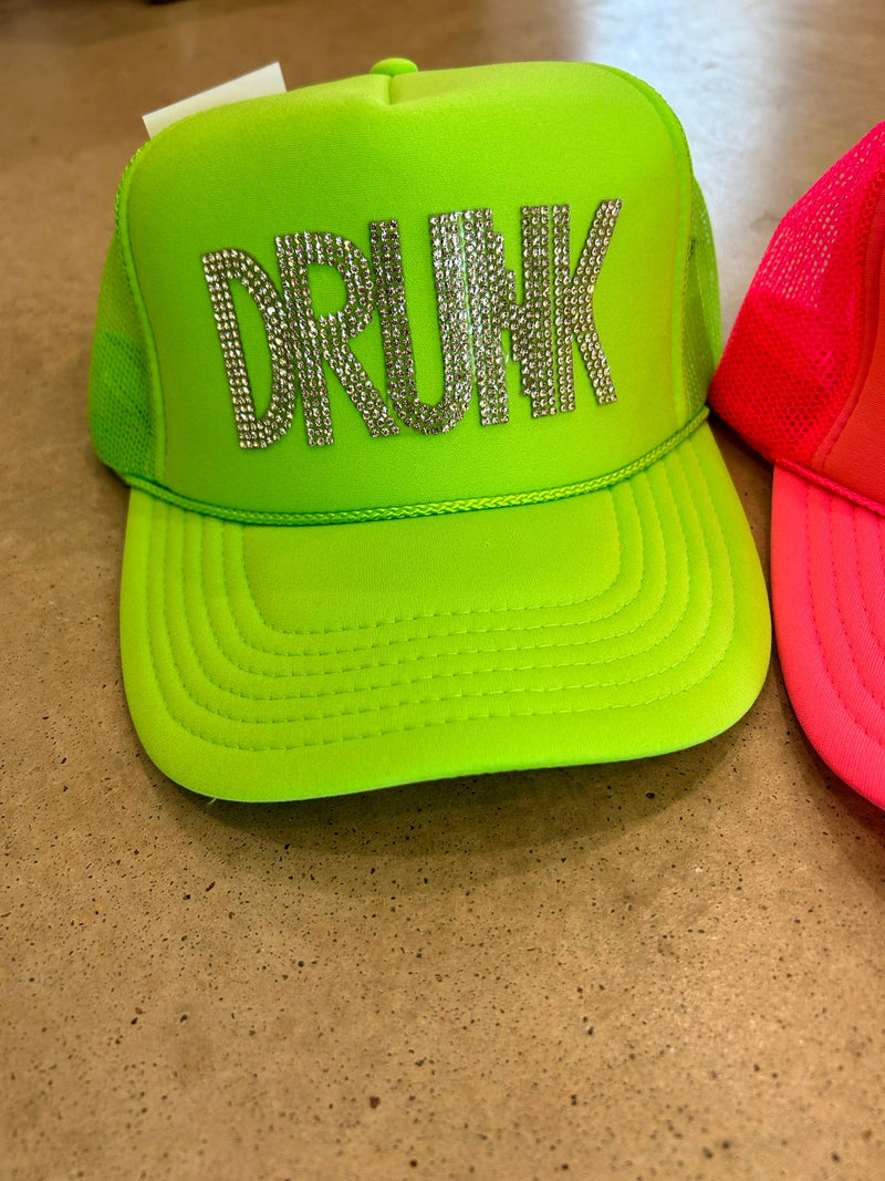 DRUNK Rhinestone Trucker Hats | Summer Truckers | Drinking: Neon Green