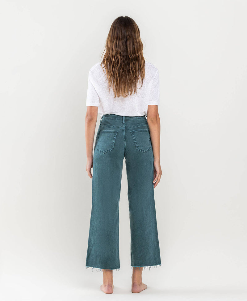 HIGH RISE CROP WIDE LEG JEANS-FORREST GREEN