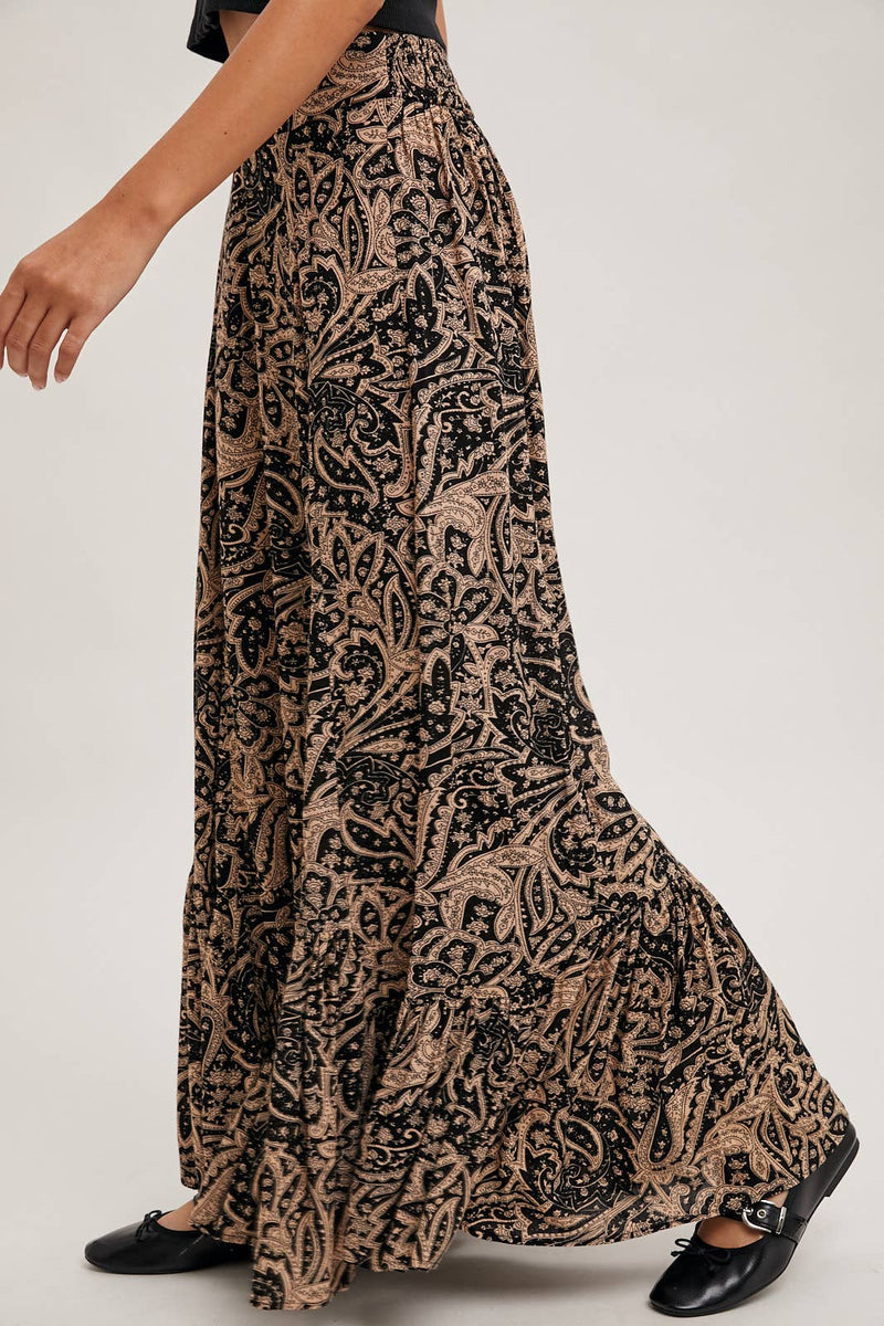 PAISLEY PRINT WIDE RUFFLED PANTS: Black