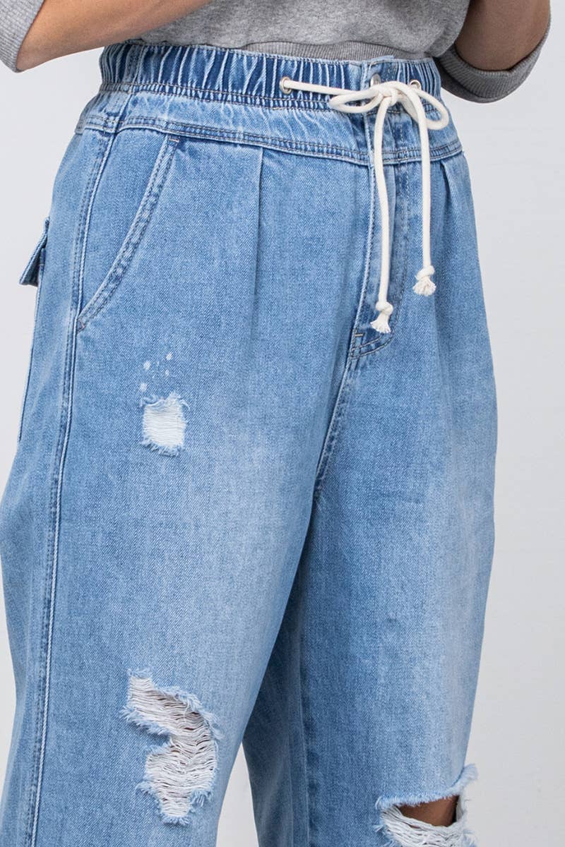 Super High Rise Elastic Waistband Distressed Slouch Jeans