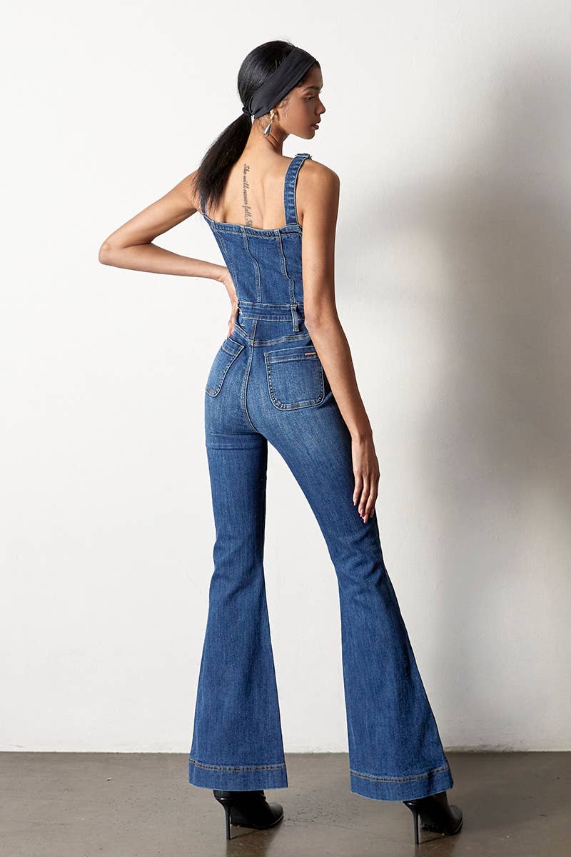 Purity Dark Front Button Jumpsuit Flare Jeans