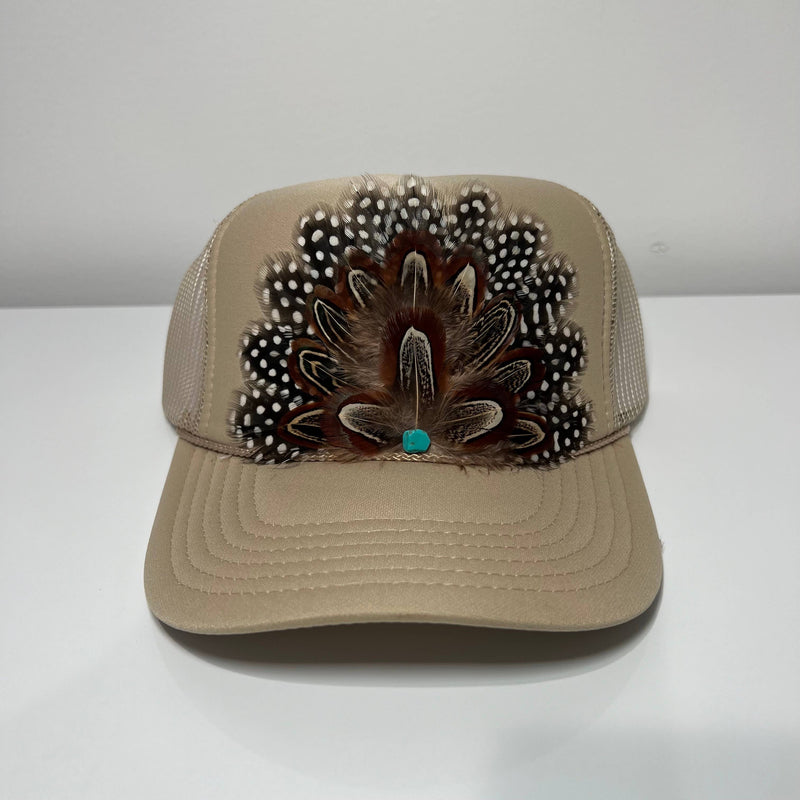 FEATHER Trucker Hat Western Cowgirl Hat Spotted Khaki