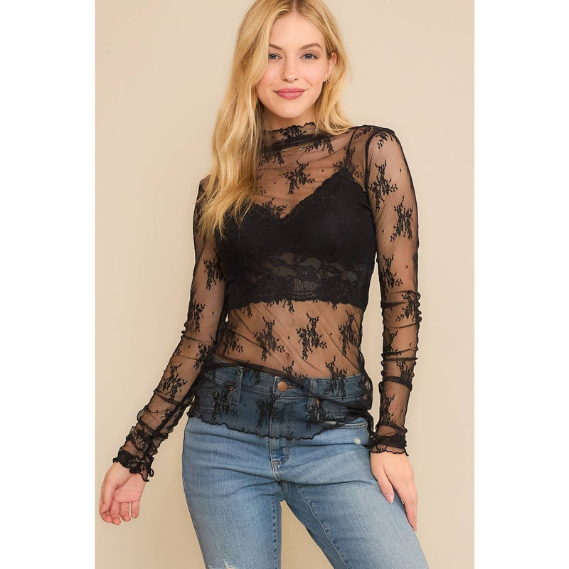 MESH LACE HIGH NECK DESIGN LONG SLEEVE