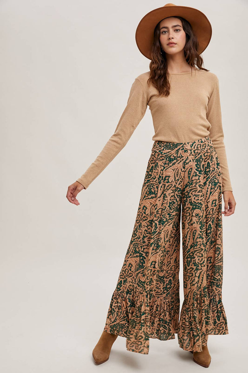 PAISLEY PRINT WIDE RUFFLED PANTS: Black