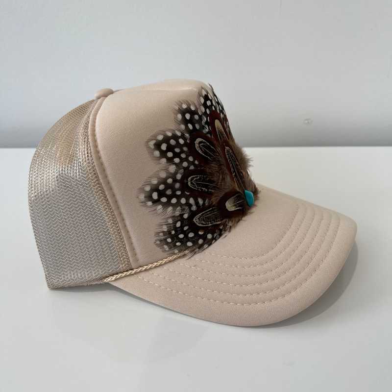 FEATHER Trucker Hat Western Cowgirl Hat Spotted Tan