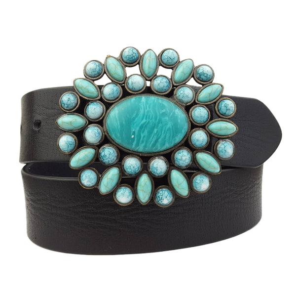 Genuine leather belt w. Western Turquoise Floral Buckle