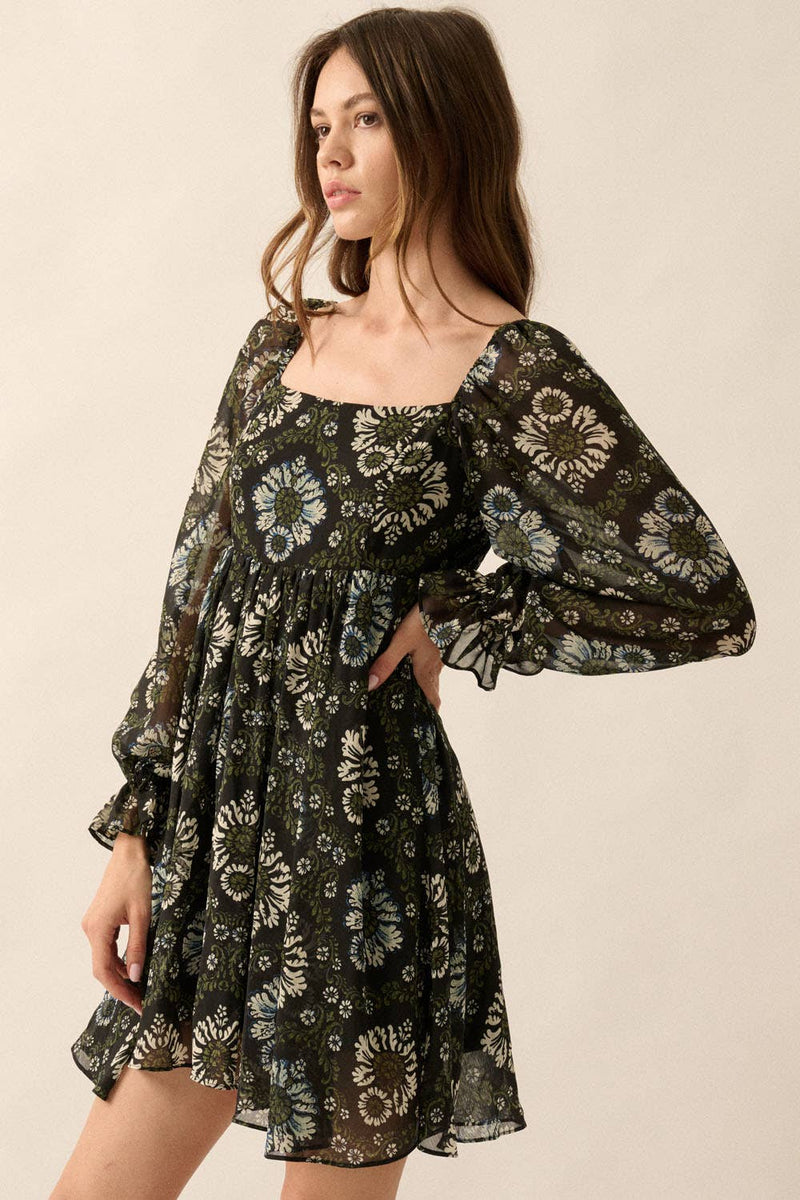 Floral Square-Neck Sheer Empire-Waist Mini Dress