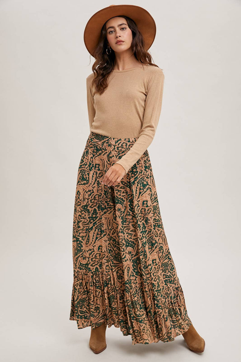 PAISLEY PRINT WIDE RUFFLED PANTS: Black