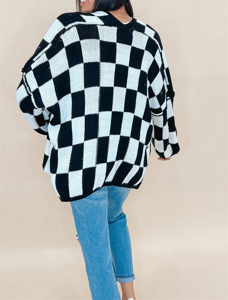 Checkered Open-Front Knit Cardigan