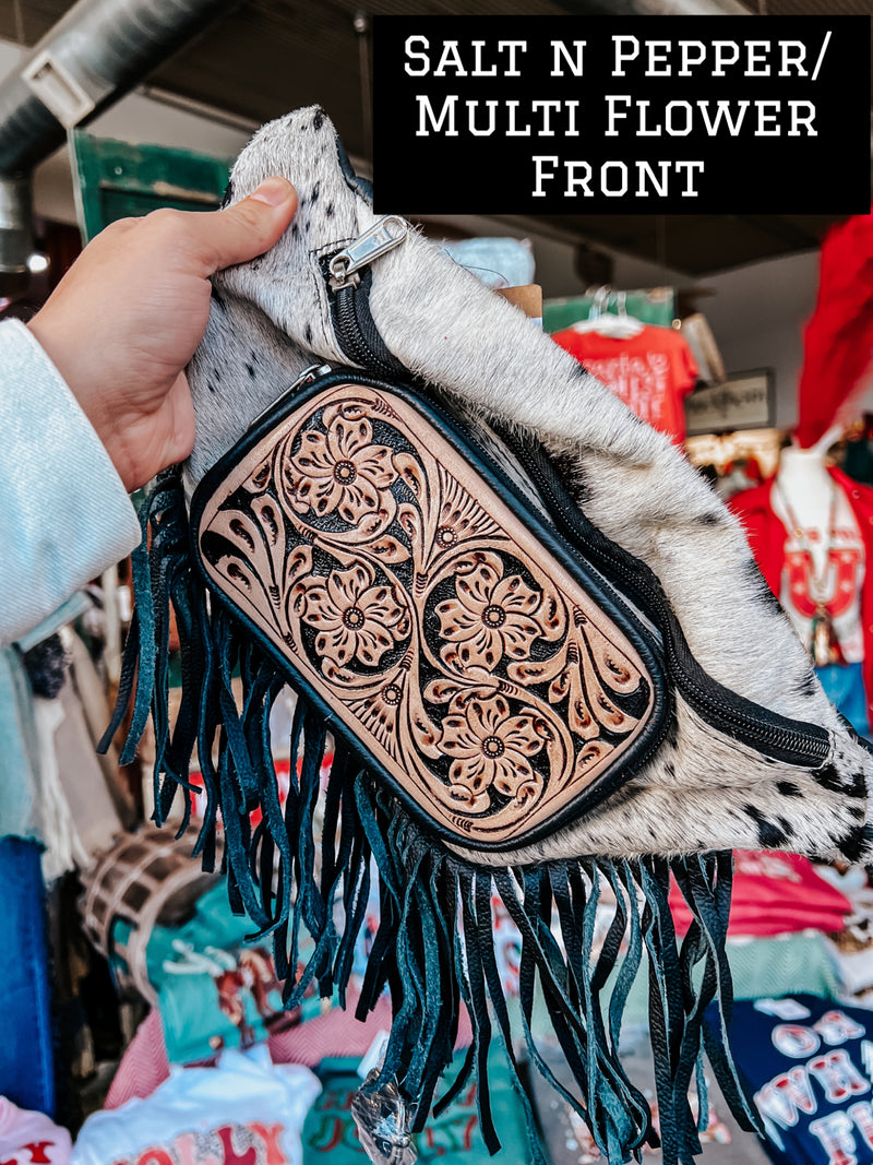Cowhide and Tooled Leather Fringe Fanny Packs