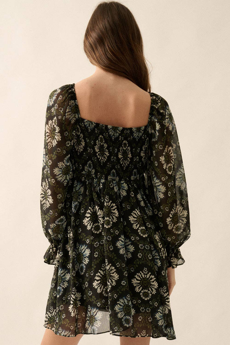 Floral Square-Neck Sheer Empire-Waist Mini Dress