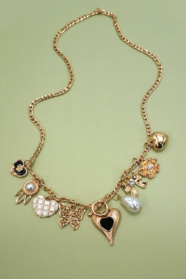 CHARM NECKLACE-HEART BOW PEARL FLOWER | 80N92315: GOLD