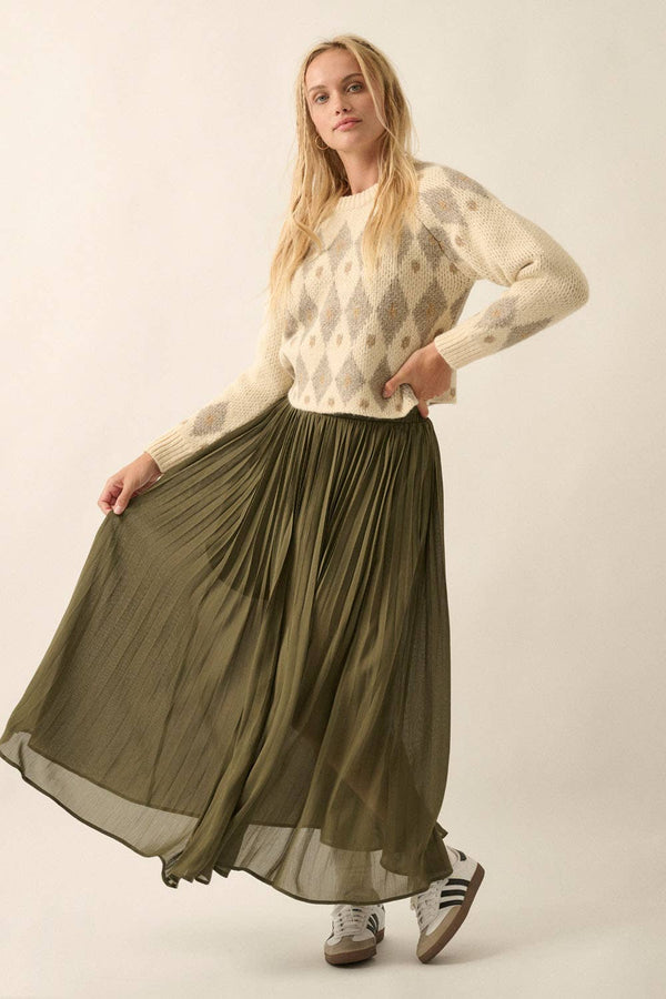Solid Pleated Chiffon Maxi Skirt- Olive