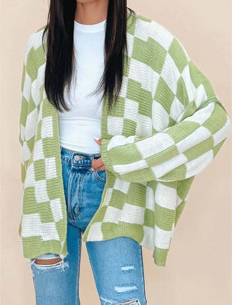 Checkered Open-Front Knit Cardigan