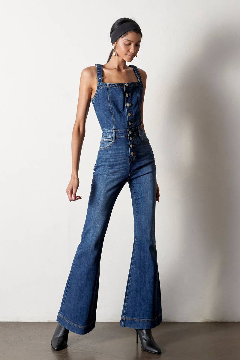 Purity Dark Front Button Jumpsuit Flare Jeans