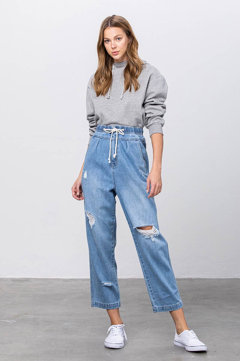 Super High Rise Elastic Waistband Distressed Slouch Jeans