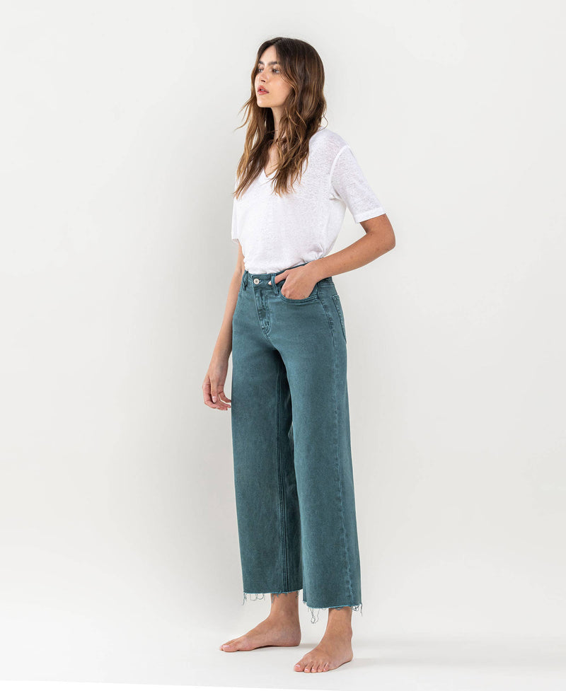 HIGH RISE CROP WIDE LEG JEANS-FORREST GREEN