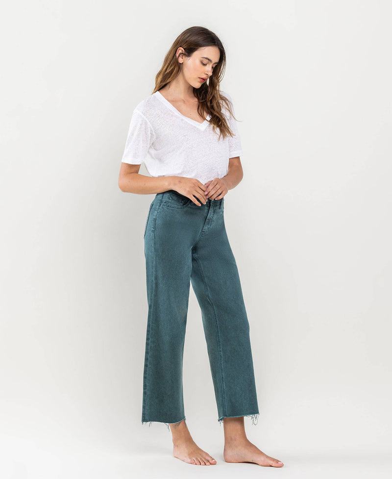 HIGH RISE CROP WIDE LEG JEANS-FORREST GREEN