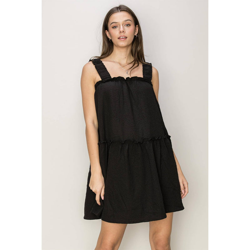 HF24E350-A-LINE RUFFLED MINI DRESS: BLACK