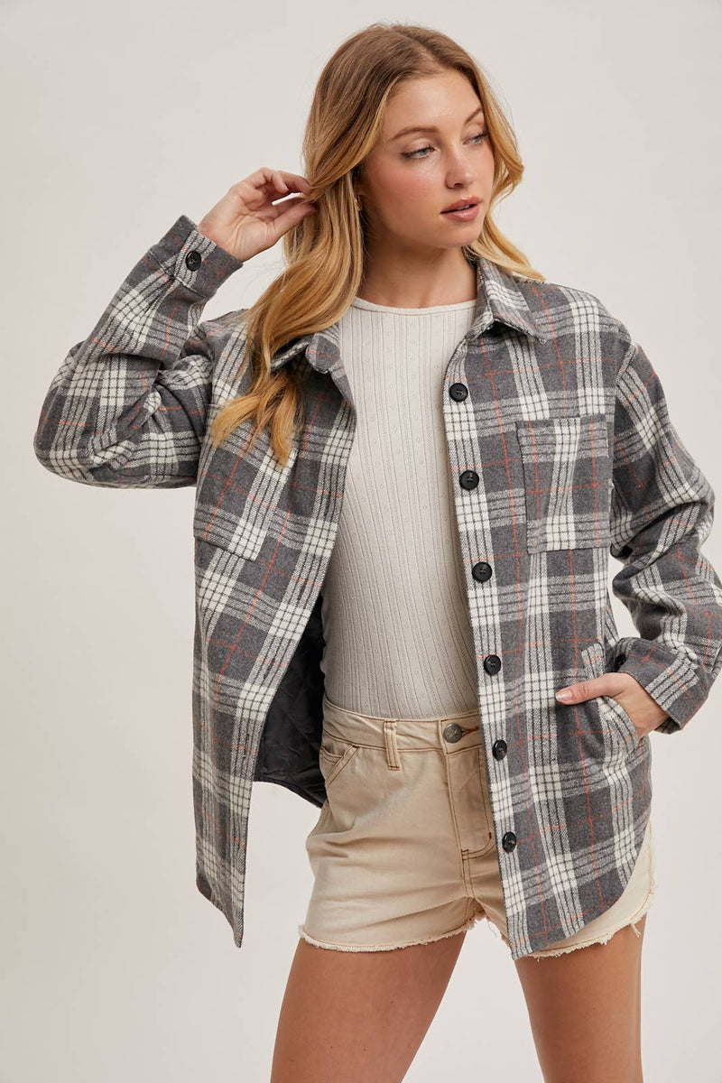 BUTTON DOWN SHIRT INNER QUILTED PLAID SHACKET