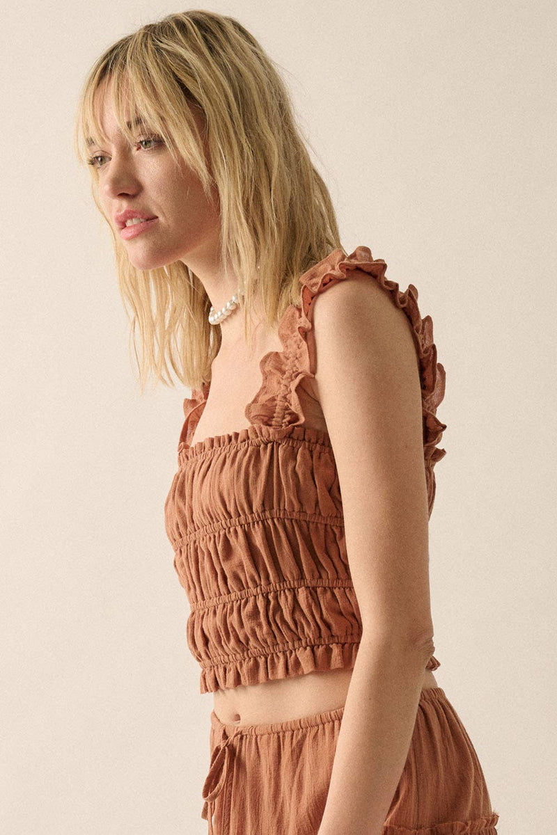 Smocked Solid Ruffled Woven Crop Top
