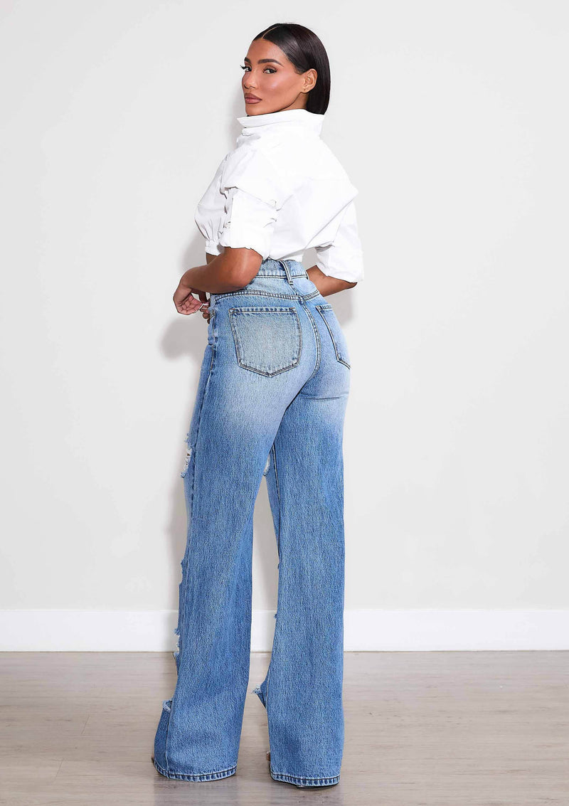 High-Rise Distressed Wide Leg Jeans