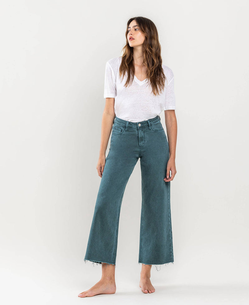 HIGH RISE CROP WIDE LEG JEANS-FORREST GREEN