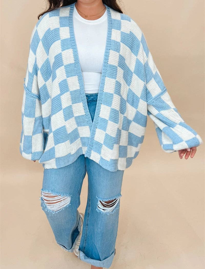 Checkered Open-Front Knit Cardigan