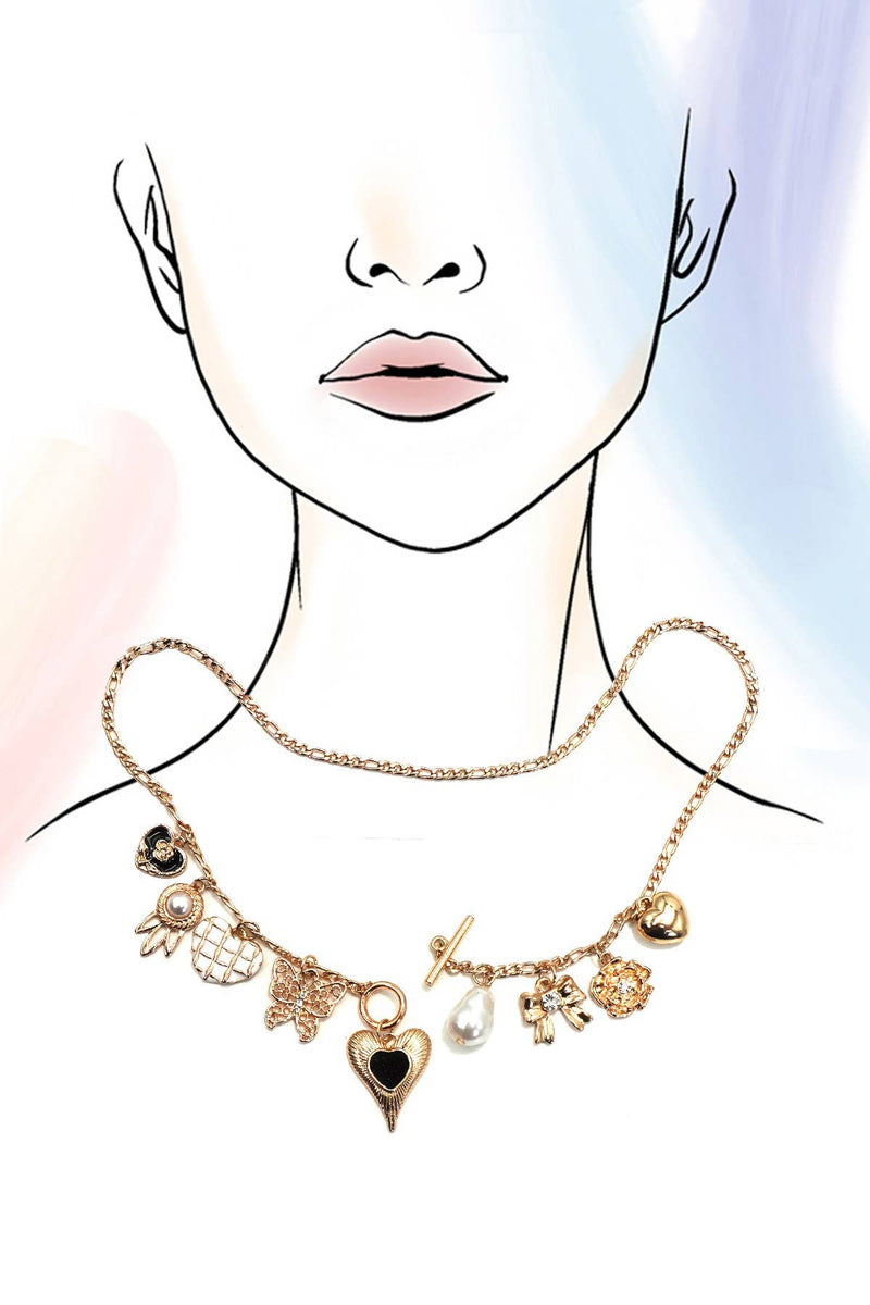 CHARM NECKLACE-HEART BOW PEARL FLOWER | 80N92315: GOLD