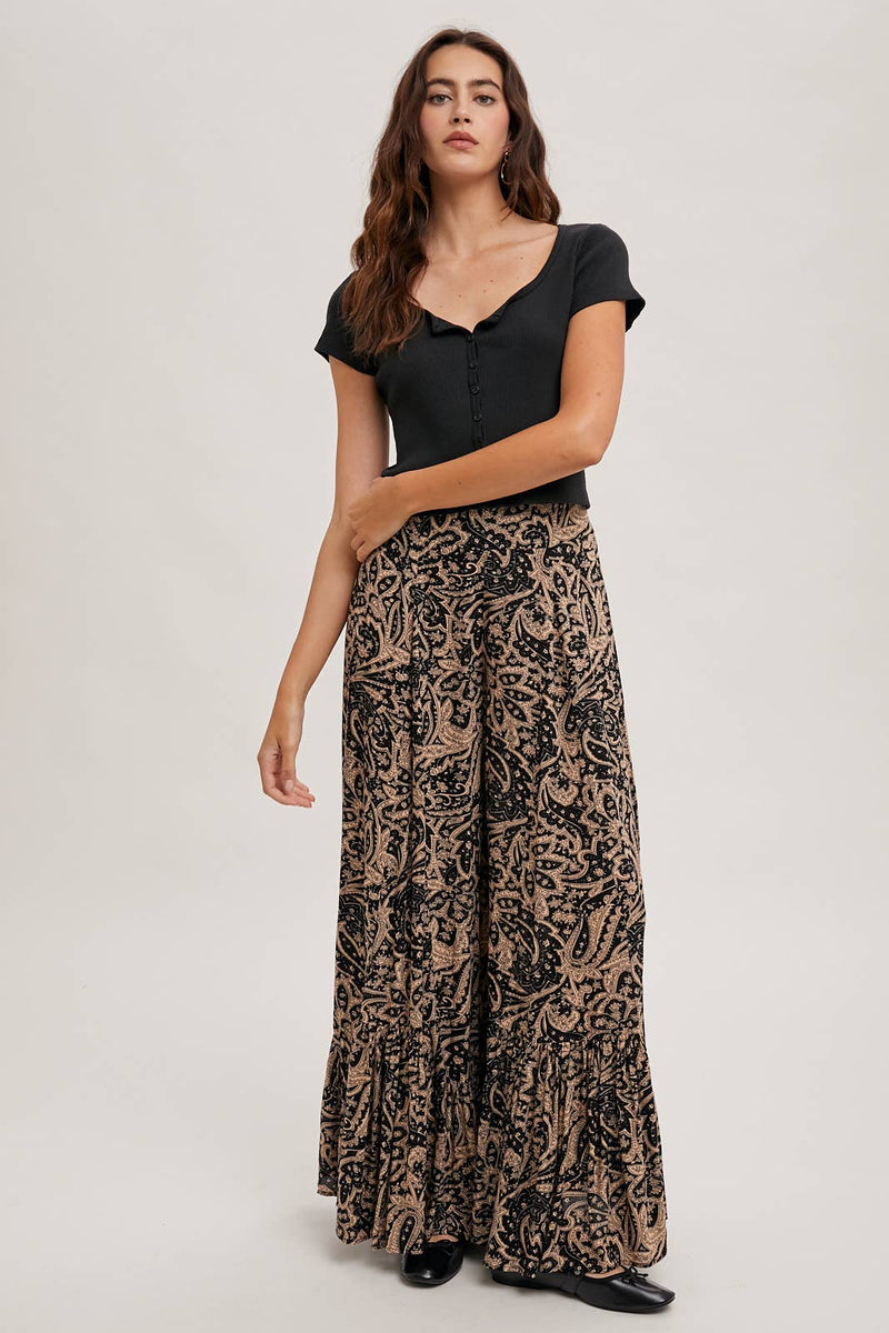 PAISLEY PRINT WIDE RUFFLED PANTS: Black