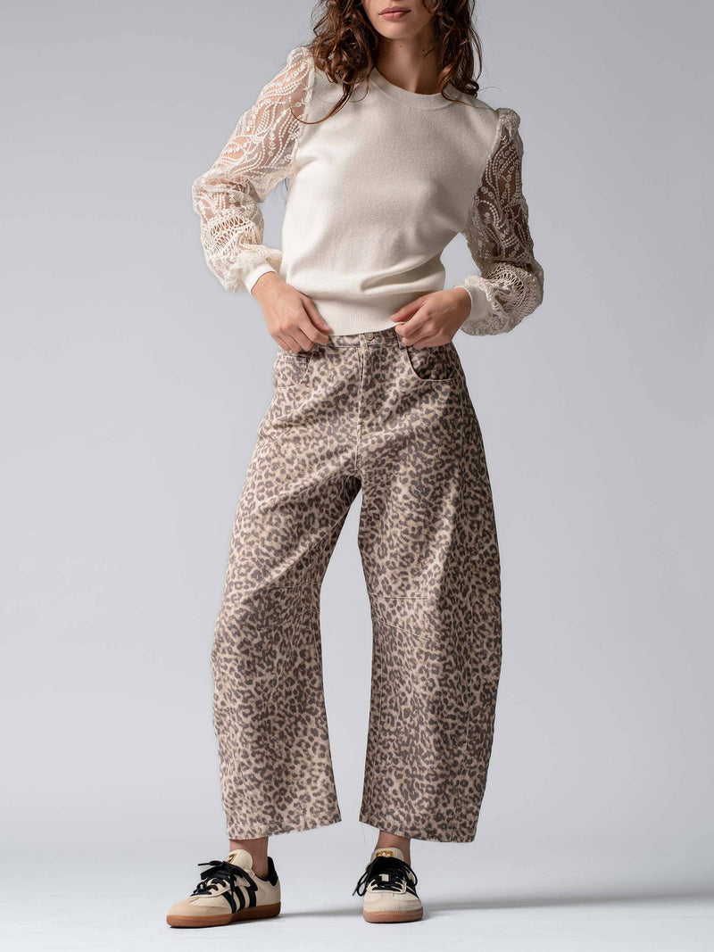 Leopard Print Stitch Detail Barrel Jeans