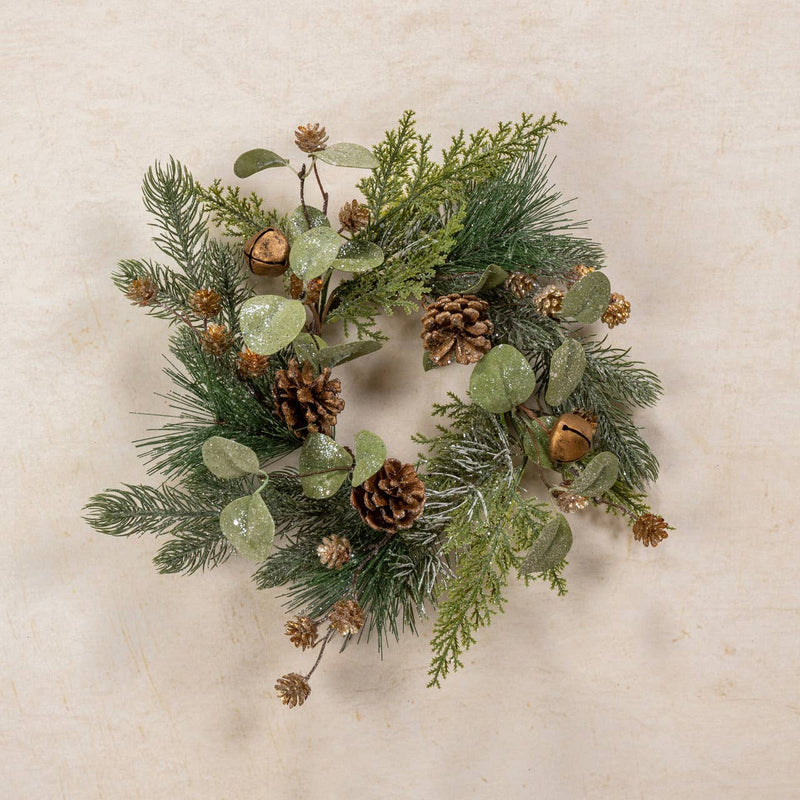 14" PINE, EUCALYPTUS & PINECONES W/ BELLS MINI WREATH