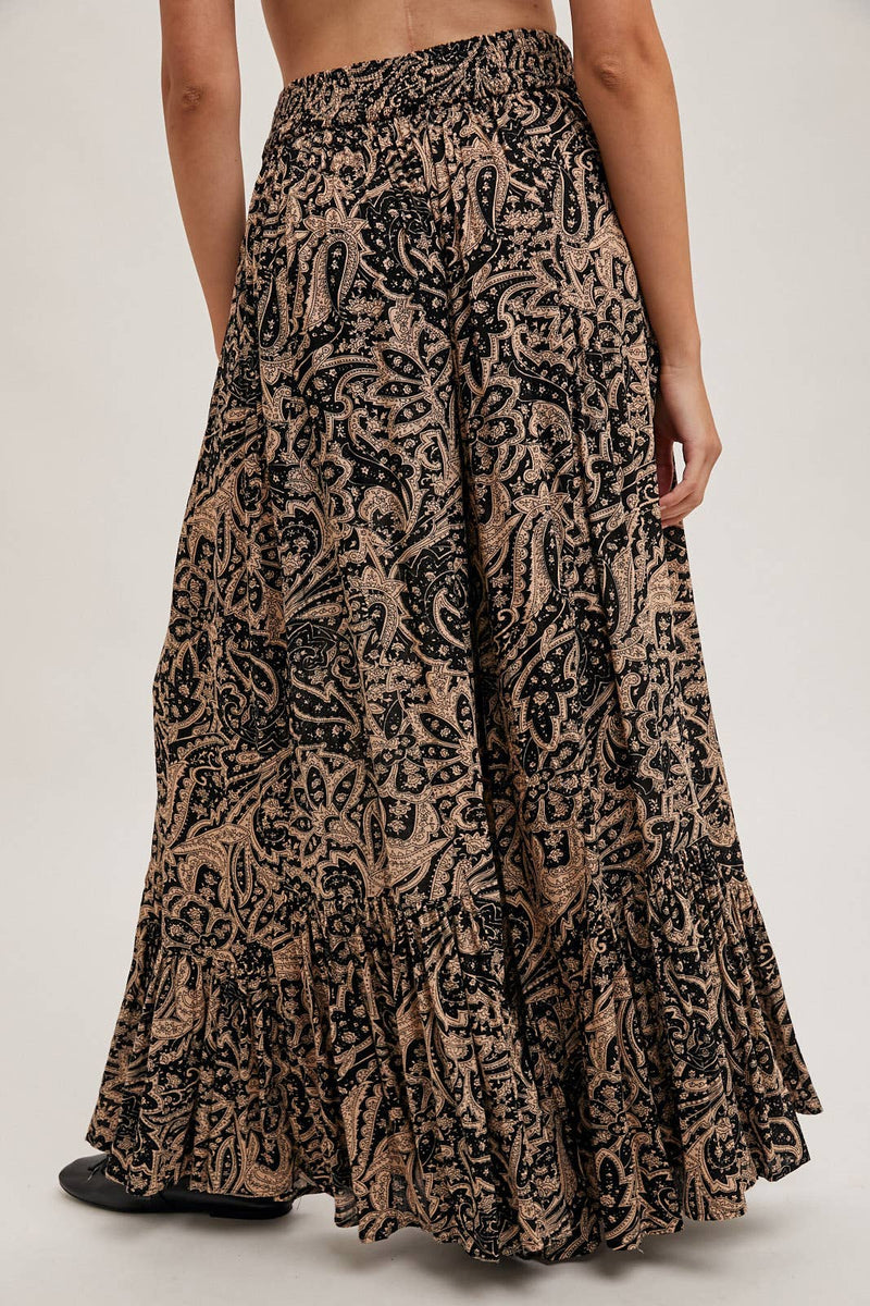 PAISLEY PRINT WIDE RUFFLED PANTS: Black