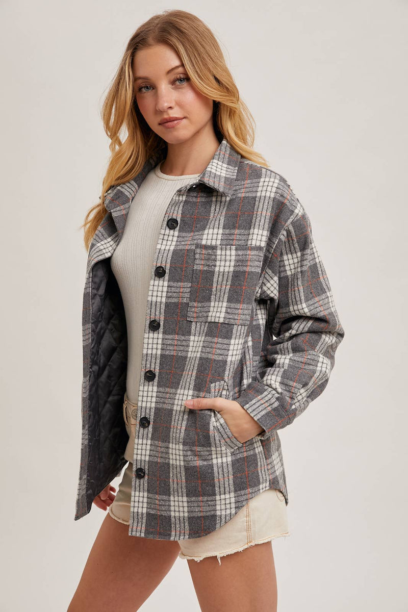 BUTTON DOWN SHIRT INNER QUILTED PLAID SHACKET