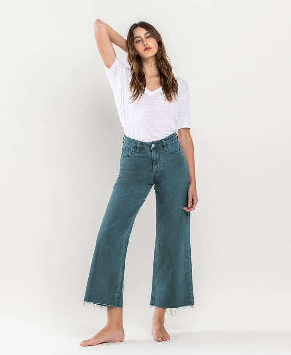 HIGH RISE CROP WIDE LEG JEANS-FORREST GREEN