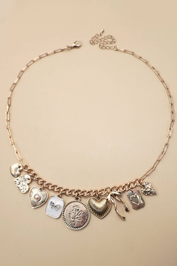 CHARM NECKLACE-CUSTER BOW HEART PEARL LINK