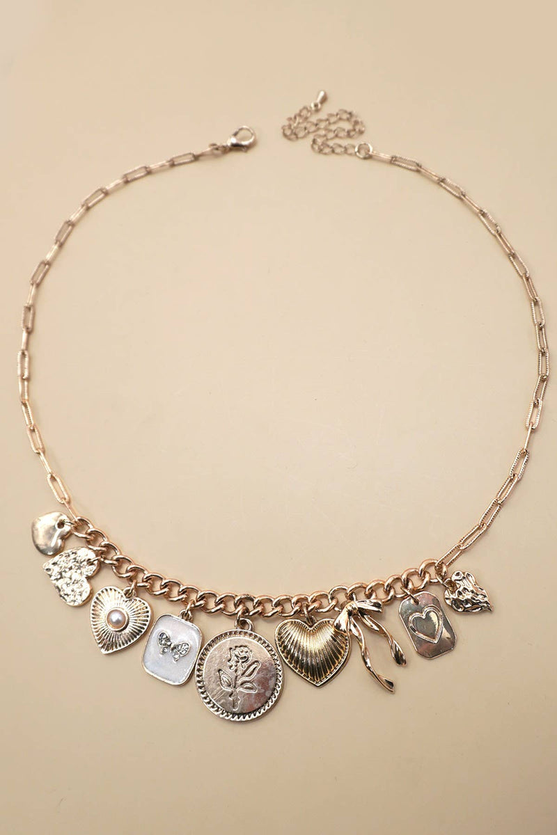 CHARM NECKLACE-CUSTER BOW HEART PEARL LINK