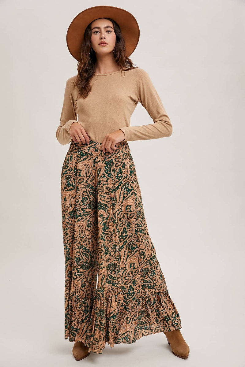 PAISLEY PRINT WIDE RUFFLED PANTS: Black