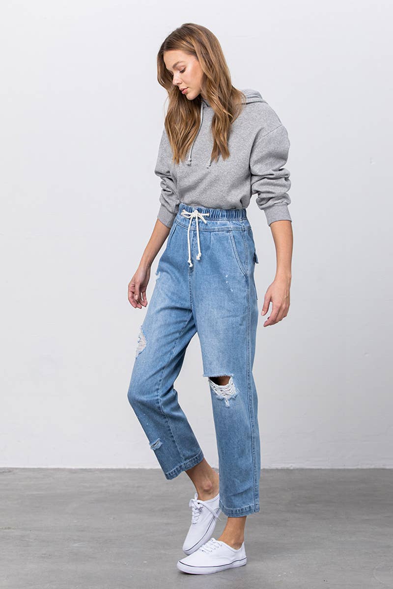 Super High Rise Elastic Waistband Distressed Slouch Jeans