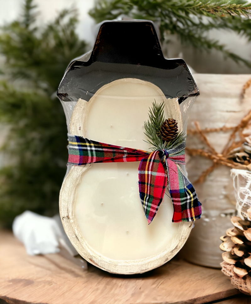 Woodland Snow | Holiday Wood Dough Bowl Snowman Candle
