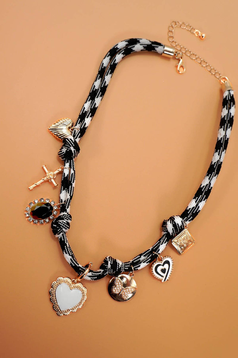 DOUBLE CORD CHARM NECKLACE - HEART CROSS STONE | 80N92318: GOLD