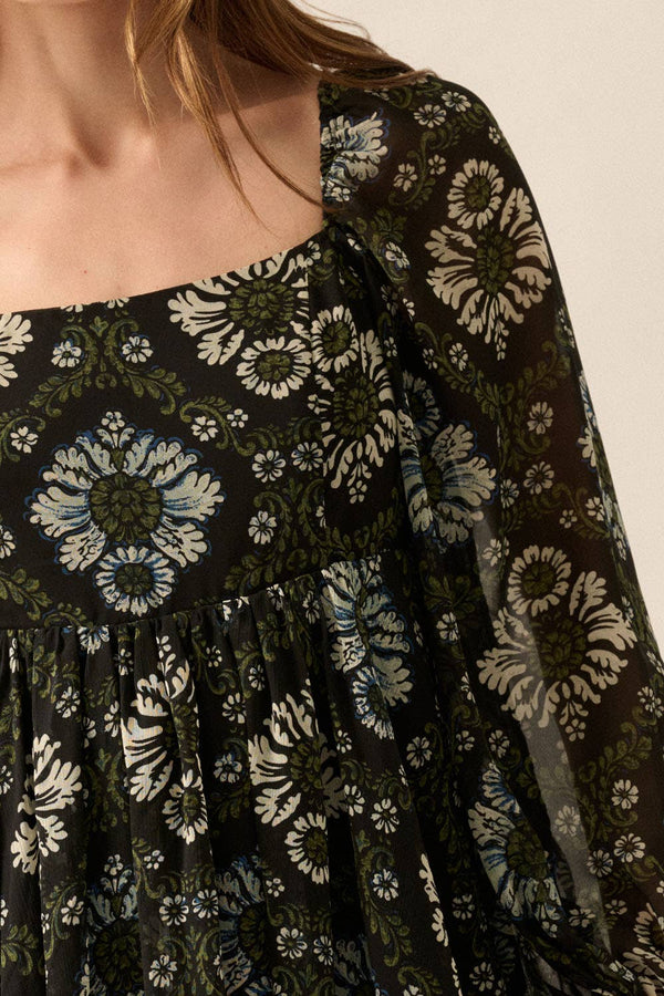 Floral Square-Neck Sheer Empire-Waist Mini Dress