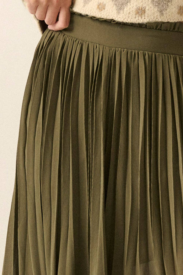Solid Pleated Chiffon Maxi Skirt- Olive