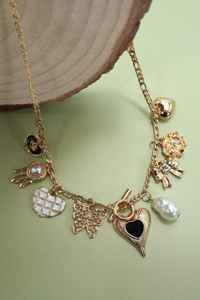CHARM NECKLACE-HEART BOW PEARL FLOWER | 80N92315: GOLD