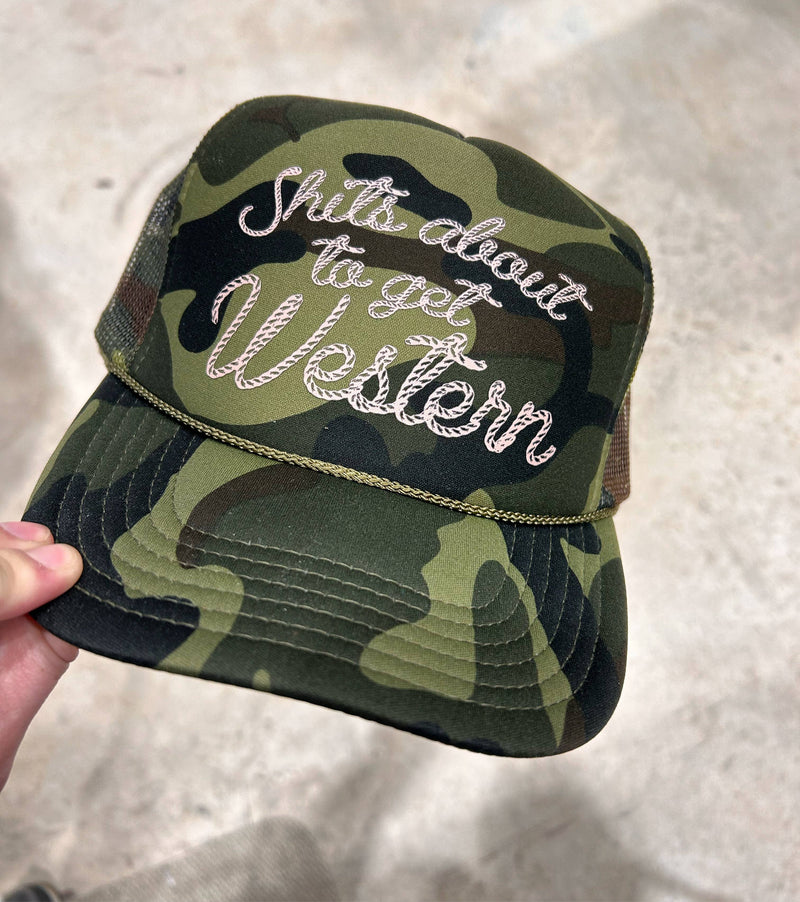 Shits About To Get Western Trucker Hat | Western Cap | Rodeo: Black Foam