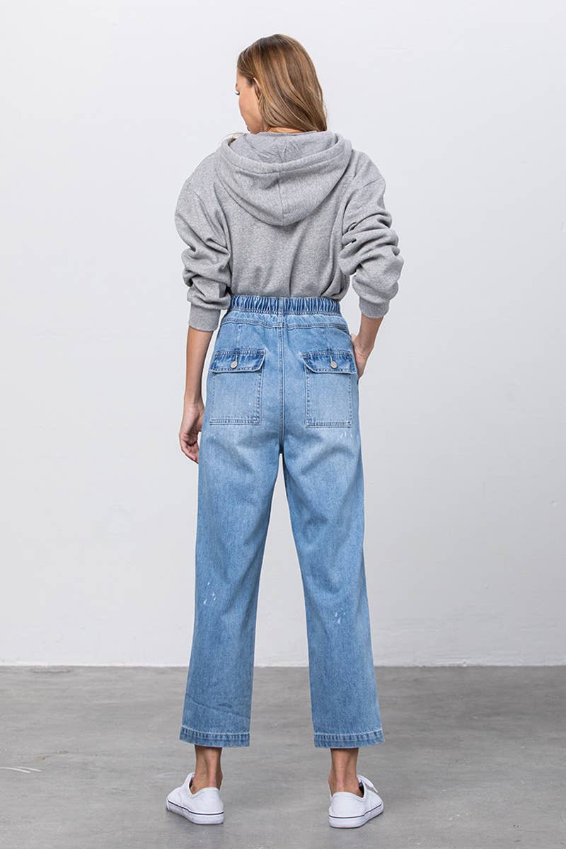 Super High Rise Elastic Waistband Distressed Slouch Jeans