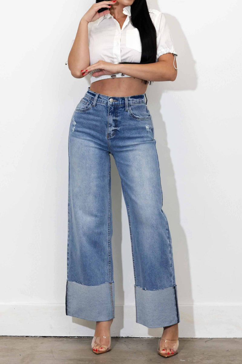 Cuff Up Wide Leg Jeans