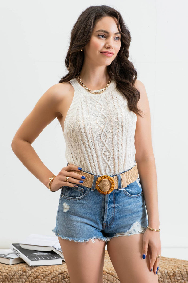 SLEEVELESS SHEER KNIT TOP: OATMEAL