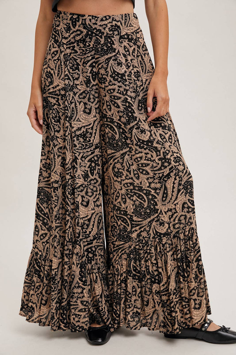 PAISLEY PRINT WIDE RUFFLED PANTS: Black