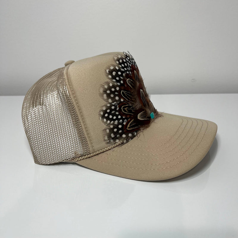 FEATHER Trucker Hat Western Cowgirl Hat Spotted Khaki